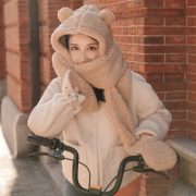 屿笙栀纯色毛绒小熊围巾女
