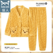 猫人睡衣女秋冬珊瑚绒加厚加绒小熊法兰绒长袖家居服网红爆款套装