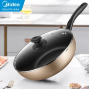 京东超市美的（Midea）喆物典雅金麦饭石色涂层不粘炒锅家用电磁炉煤气灶适用炒菜锅平底煎锅送竹铲 香槟金28WOK302