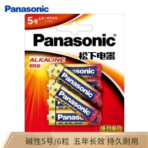松下（Panasonic）5号五号AA碱性干电池1.5V 遥控器玩具话筒门锁手电筒 LR6BCH 6节卡装