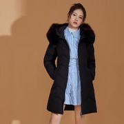BENGEN冰洁简约气质狐狸毛领修身外套中长款女士羽绒服