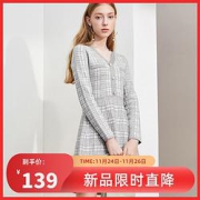 LaChapelle拉夏贝尔2019秋季新款格子高腰短款连衣裙V领显瘦九分袖气质a字裙