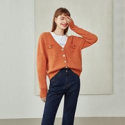 范思蓝恩2021早秋新款针织衫V领慵懒风毛衣外套开衫女春秋外搭213180甜蜜橘XS