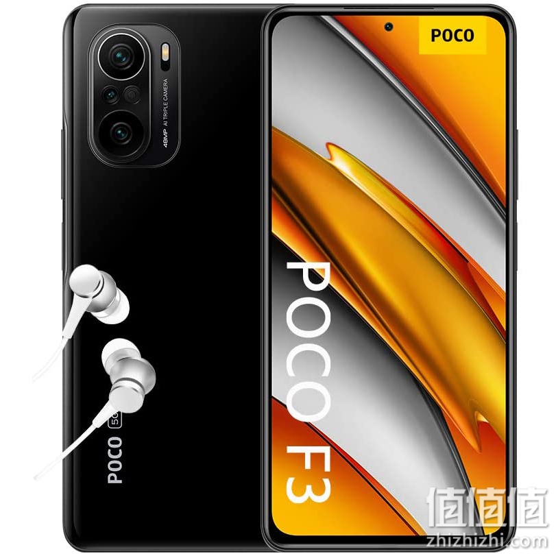 MI 小米 POCO F3 5G 智能手机 + 耳机 (16.94 厘米(6.67 英寸)AMOLED 显示屏 120 Hz，8 GB+256 GB 内存，48 MP 四驱摄像头，20 MP 前置摄像头，双 SIM 卡，安卓 11)，黑色