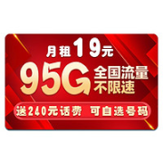 中国电信 暴龙卡 19元月租（65G通用流量+30G定向流量+300分钟通话）