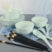 乌兰茶晶陶瓷碗汤碗 中式餐具抗菌易洁 家用儿童饭碗 面碗 青瓷碗  烤箱微波炉冰箱适用6人 钻石碗家庭套装16头