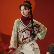 森女部落国潮高领毛衣+小众高腰皮裙两件套