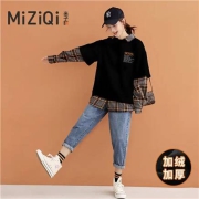 米子旗 假两件加绒卫衣女 加绒黑色 M