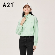 A21 女装梭织宽松翻领落肩长袖上衣   浅粉绿 F413210029