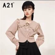 A21  女装 梭织合体翻领泡泡长袖全开襟 上衣  F413210025