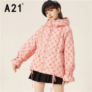 A21 梭织宽松连帽 长袖开胸 中厚羽绒服 嫣红 S