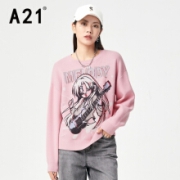 A21女装 长袖羊毛衫 宽松圆领落肩