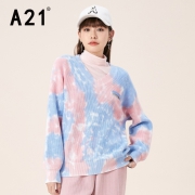 A21 女装宽松V领落肩长袖线衫 天蓝 F414243008