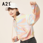 A21 女装针织宽松连帽落肩长袖卫衣短装衫 粉橙红 F413232037