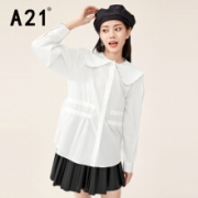A21  女装梭织宽松翻领泡泡长袖全开襟上衣 米白 F413210035