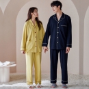 性感简约长袖睡衣女棉春秋季情侣薄款开衫翻领韩版家居服男 姜黄色 Y3093+【女】 L
