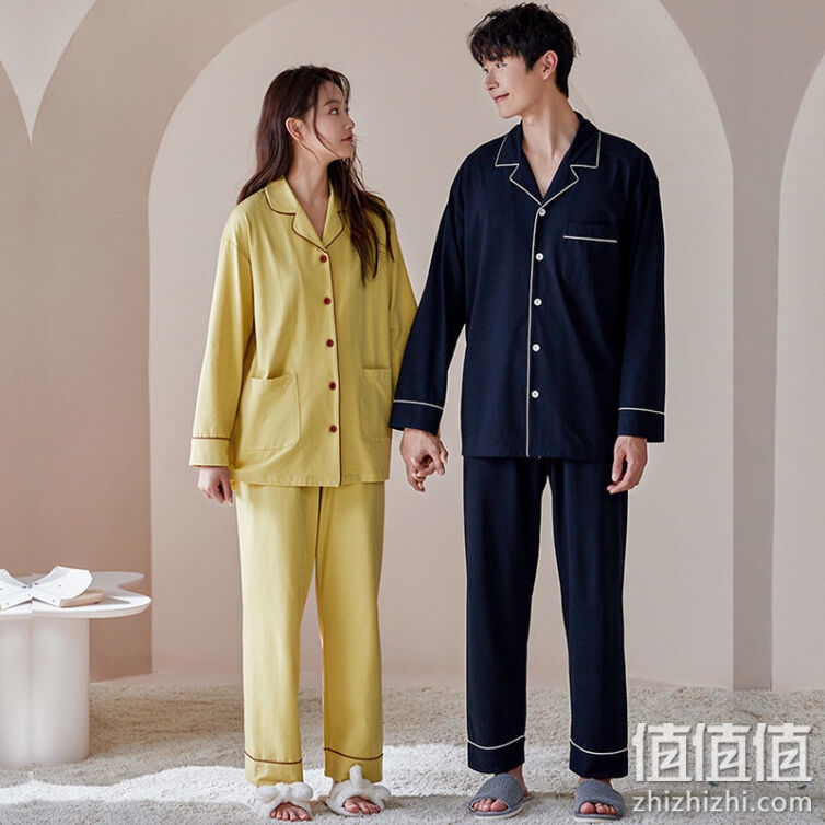 性感简约长袖睡衣女棉春秋季情侣薄款开衫翻领韩版家居服男 姜黄色 Y3093+【女】 L