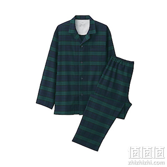 无印良品 MUJI 男式 无侧缝法兰绒 睡衣 深绿色X图案 L-XL