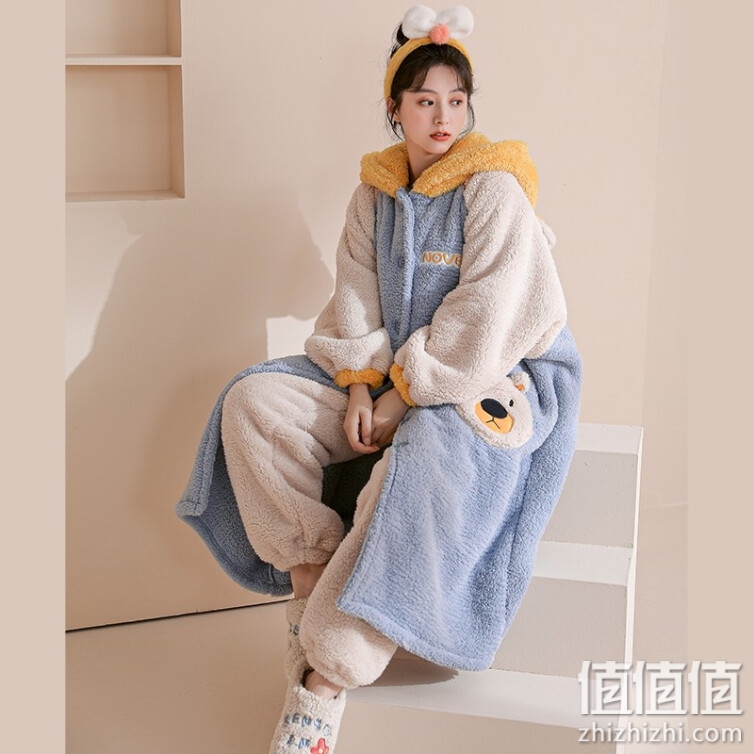 俞兆林秋冬季珊瑚绒睡衣女加厚加绒冬款可爱熊睡袍套装法兰绒毛绒家居服套装 撞色笨熊 L（100-115斤）L
