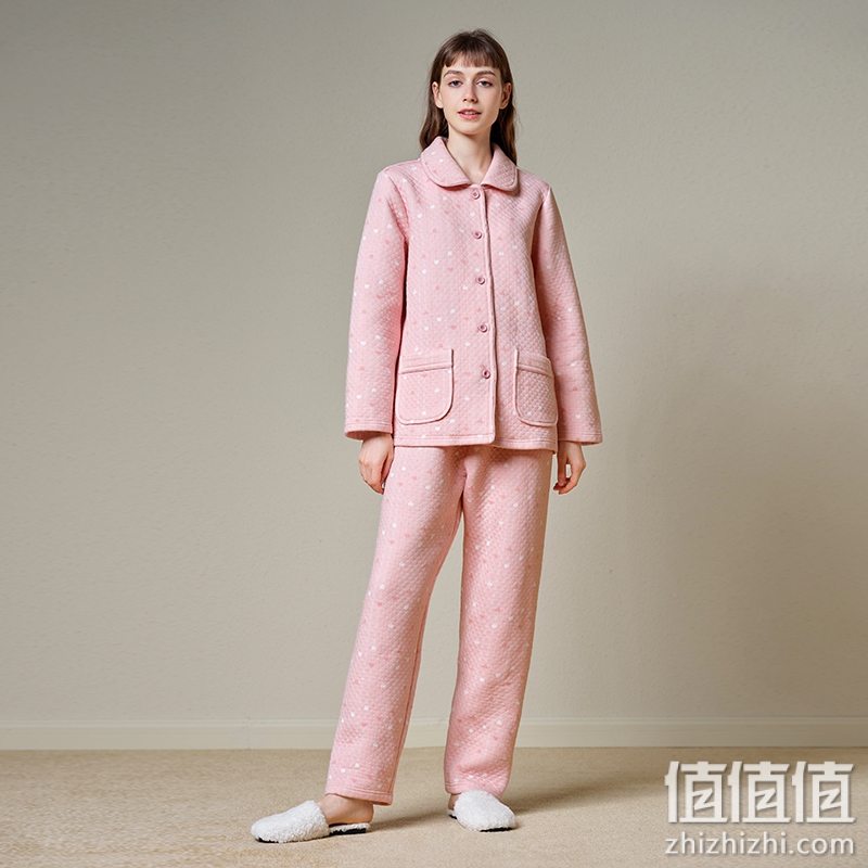 美标2021新款纯棉睡衣套装女秋冬三层加厚夹棉全棉质可外穿家居服