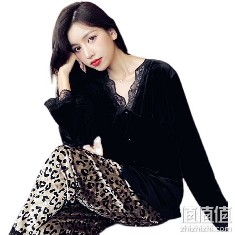 金丝绒睡衣女春秋冬季豹纹黑色两件套长袖蕾丝花边时尚性感家居服