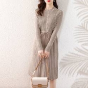ES 艾格运动 2021蕾丝拼接毛衣裙女秋冬新款时尚系带收腰显瘦针织连衣裙潮