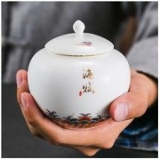 容山堂 白瓷彩绘茶叶罐 8.5x8.8x4.6cm 约200ml 小号便携醒茶罐 海赋
