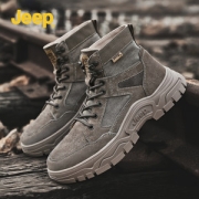 吉普 Jeep 男士加绒真皮工装靴 中高帮户外登山靴