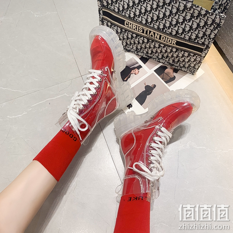 靴子女夏2022新款透明果冻底袜子靴网红绑带马丁靴雨靴法式小短靴