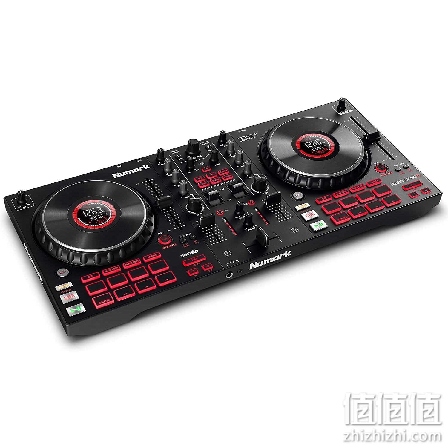 Numark Mixtrack Platinum FX - DJ 控制器适用于 Serato DJ ,带 4 个甲板控制,DJ 混音器,内置音频接口,慢跑轮显示器和 FX 桨
