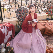 十三余 小豆蔻儿 唐制汉服 松鹤仙 女士两片式齐胸衫裙 SHF11961 浅豆沙/酒红色