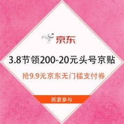 促销活动：京东 3.8节礼品会场 领每满200-20元头号京贴 0点抢9.9元京东无门槛支付券