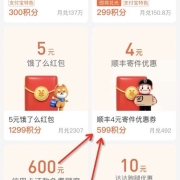 牛蛙腿：支付宝 599会员积分兑换顺丰4元快递券 YH