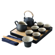 丰收日 功夫茶具套装 提梁壶12件套正方盘 黑陶旅行茶具