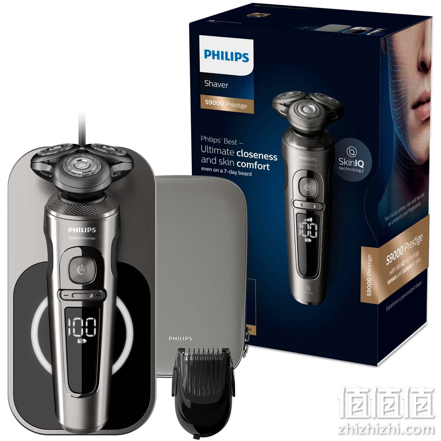 Philips 飞利浦 9000系列 SP9860/16 干湿两用电动剃须刀 纳米技术精密刀片，修剪器，无线充电的Qi充电座