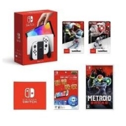 Nintendo 任天堂 海外版 Switch游戏主机 OLED款 冰雪白+《密特罗德：生存恐惧》+amiibo2款+保护膜+NS布制徽标
