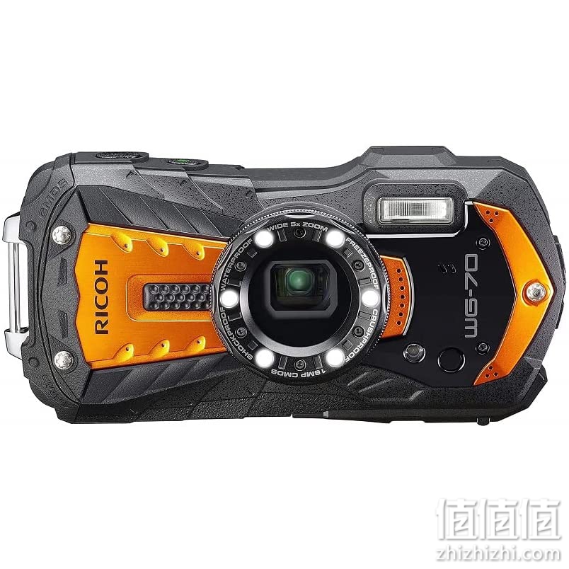 RICOH WG-70 橙色防水数码相机 1600 万像素高分辨率图像防水 14 米防震 1.6 米水下摄影 6 个 LED 环形灯数字显微镜模式坚固机身设计 适用于工作场所