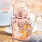 希乐 大肚杯 透明款 粉色 1100ML 送贴纸+挂钩背带+吸管