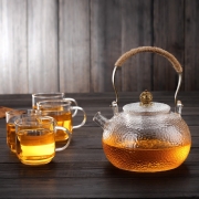 朗特乐 日式锤纹耐高温玻璃茶壶家用高提梁过滤泡茶壶茶水分离煮茶器花茶壶煮茶壶茶具套装功夫茶具提梁壶 黄珠祥云壶+4杯