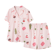 PLUS会员：FENTENG 芬腾 女士家居服套装 Q9982721366：芬腾 睡衣女士纯棉22年夏季新品短袖短裤开衫翻领可爱动物印花舒适家居服套装女 浅虾粉 M