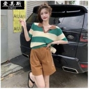 AIMISS夏季2022复古撞色polo领条纹针织上衣+森系高腰阔腿短裤女