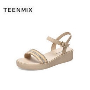 TEENMIX 天美意 夏新款商场同款一字带水钻厚底坡跟女时装凉鞋