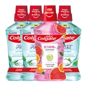 高露洁清爽盐白+活力鲜果漱口水500ml*4清新口气减少细菌家庭套装