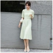TERRE BLEUE 2022新款连衣裙女夏季女装气质褶皱高腰短袖女士裙子