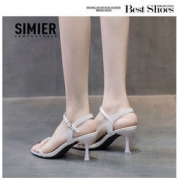 Simier 斯米尔 法式高跟鞋仙女凉鞋夏季水钻性感一字扣带黑色露趾细跟凉鞋
