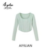 AiYiLian 爱依莲 2022秋新款纯色方口领显瘦长袖锁骨T恤女百搭紧身短款上衣