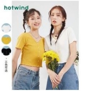 hotwind 热风 2022年夏季新款女士甜美荷叶边短袖T恤复古V领肌理感短款上衣