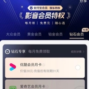 限用户、鸽子腿：支付宝 钻石会员 免费领腾讯/优酷/爱奇艺/芒果/豪绿/B站等VIP月卡