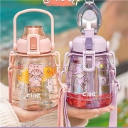 希乐 大肚杯 透明款 粉色 1100ML 送贴纸+挂钩背带+吸管