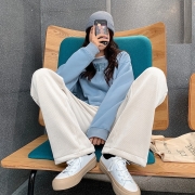 蜓秀春季韩版雪尼尔宽松高腰直筒显瘦阔腿裤灯芯绒裤子女 杏色 均码【80-140斤】